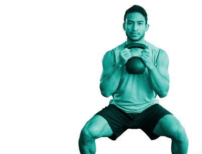 man doing a squat lefting a kettlebell