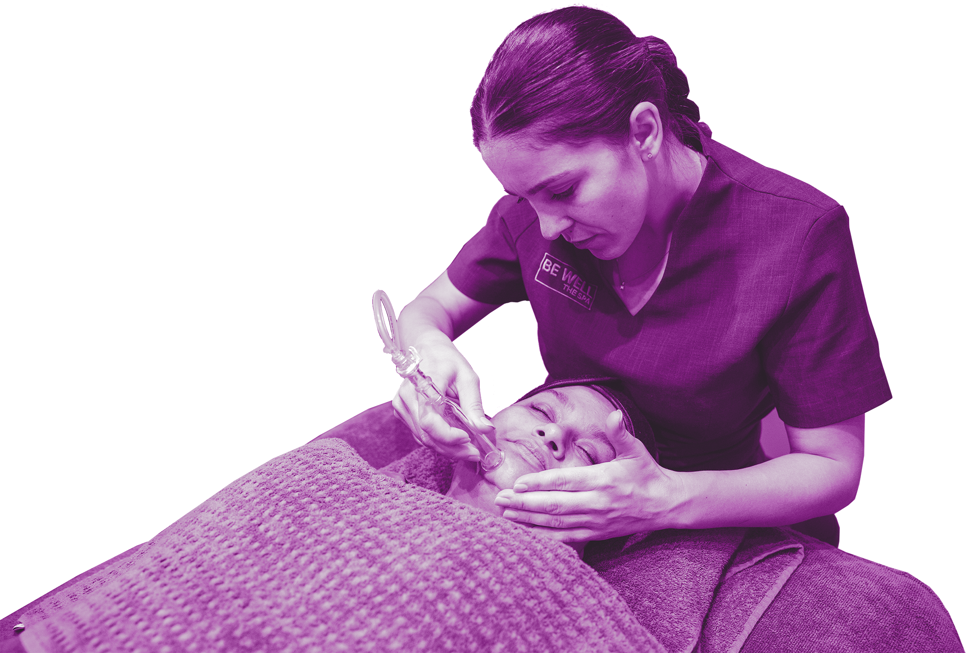 A purple graphic of a woman having a HydraFacial treatment
