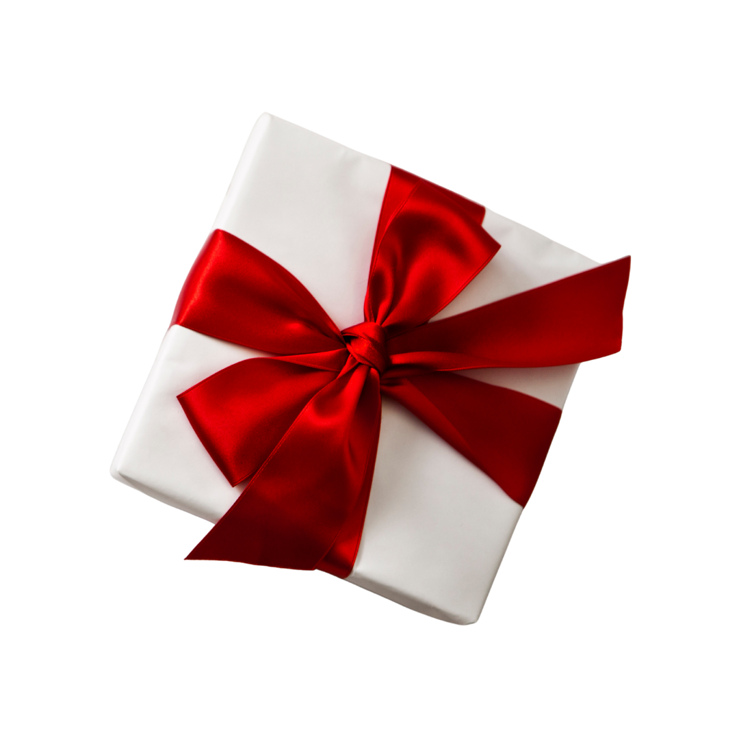 Snowflakes and present A graphic of a present with a red bow. There are some snowflakes in the background