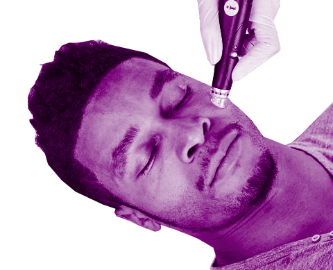 Purple graphic of a man having a hydraFacial