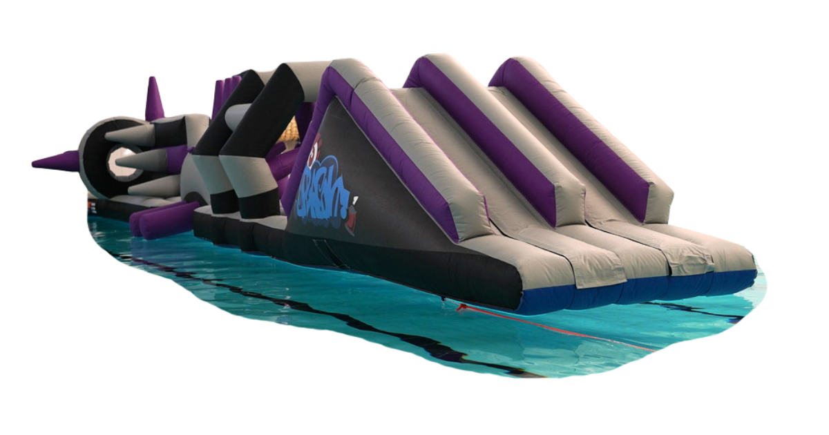 A photo of the pool inflatable at Tiller leisure centre. It features an obstacle course with a slide at the end